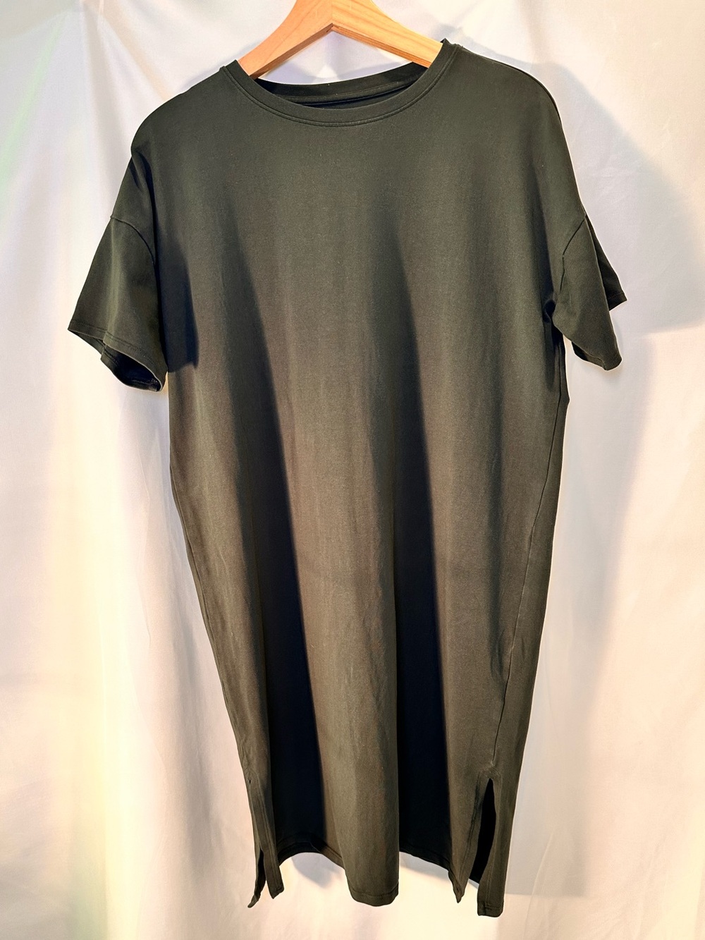 Eileen Fisher Organic Pima Cotton stretch T-shirt Dress Olive Green minimalist S - Picture 2 of 5